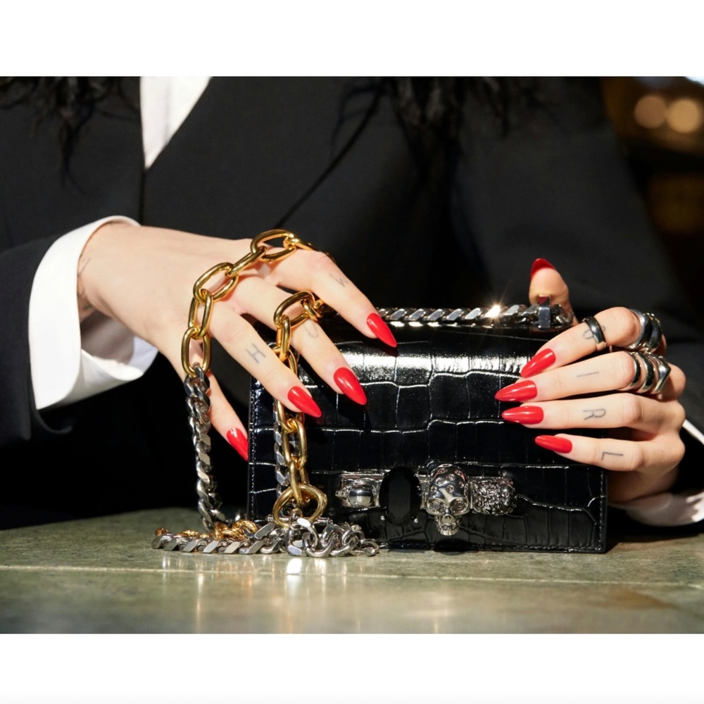 Alexander McQueen Black Graffiti  Croc-Effect Jeweled Satchel / Shoulder Bag